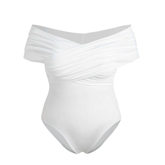 Cider Tops - Cider Women's 3XLarge White Solid Off-Shoulder Unlined Ruched Sexy Bodysuit